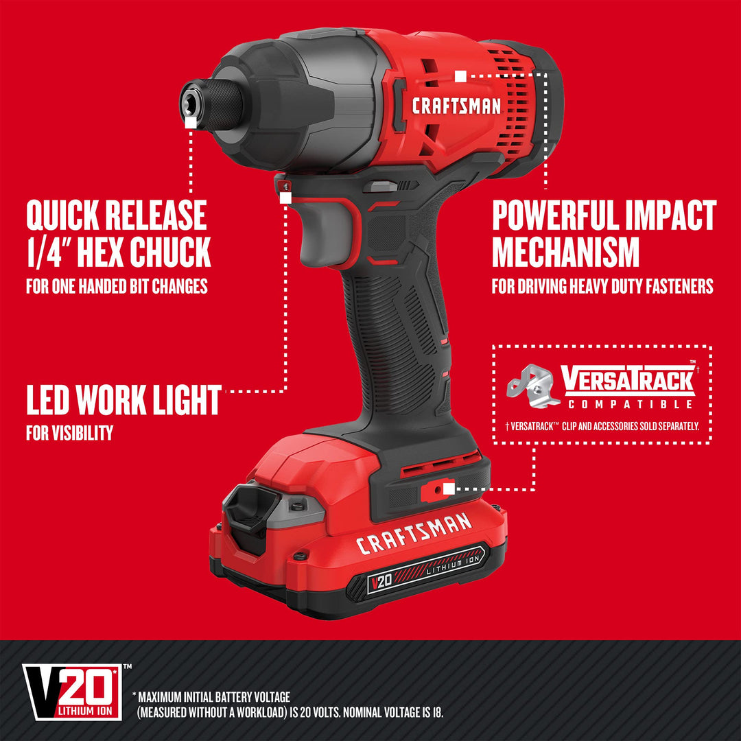 CRAFTSMAN V20 MAX Cordless Drill Driver and Impact Driver Set, Power Tool Set with 2 Batteries and Charger, LED Work Light, 2 Bits, Bag (CMCK200C2) Retail $169.00