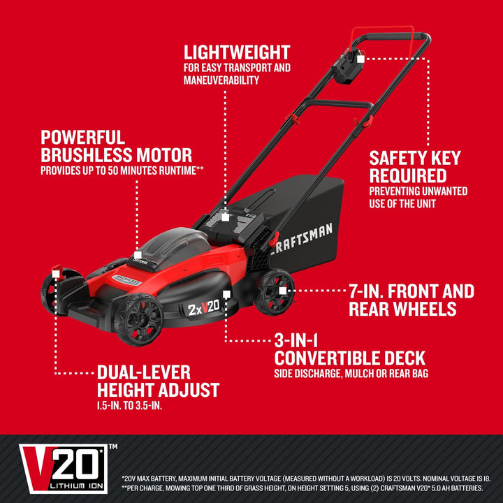 CRAFTSMAN V20 Lawn Mower, Push Mower, Lightweight and Portable, Grass Bag, Battery and Charger Included (CMCMW220P2) Retail $329.00