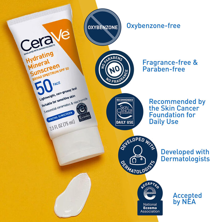 CeraVe 100% Mineral Sunscreen SPF 50, Face sunscreen With Zinc Oxide & Titanium Dioxide, Hyaluronic Acid + Niacinamide + Ceramides, Oil Free, Travel Size 2.5 oz