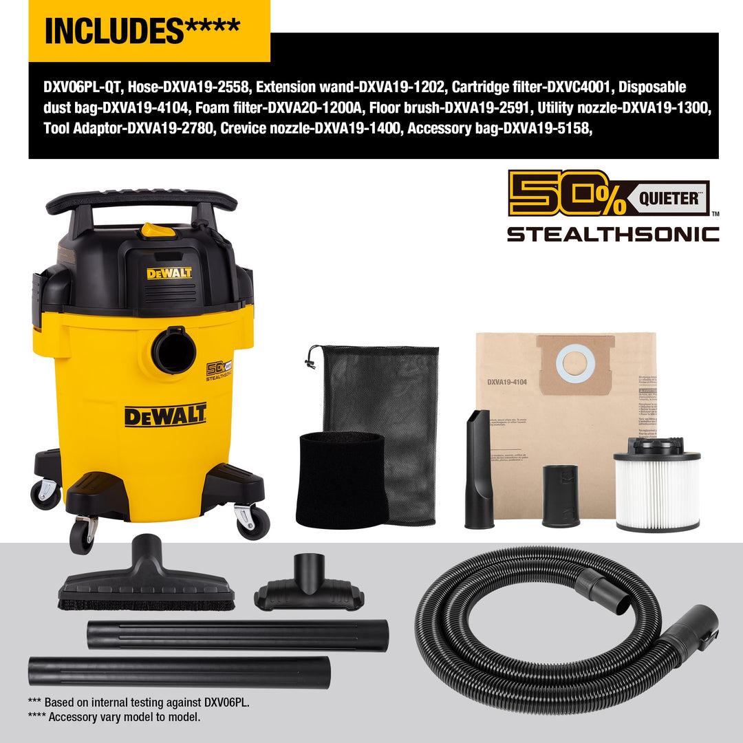 DEWALT 6 Gallon STEALTHSONIC Shop Vacuum Wet and Dry DXV06PL-QT, Ultra Quiet 4 Peak HP Wet Dry Vac for Jobsite & Workshop Retail $159.97