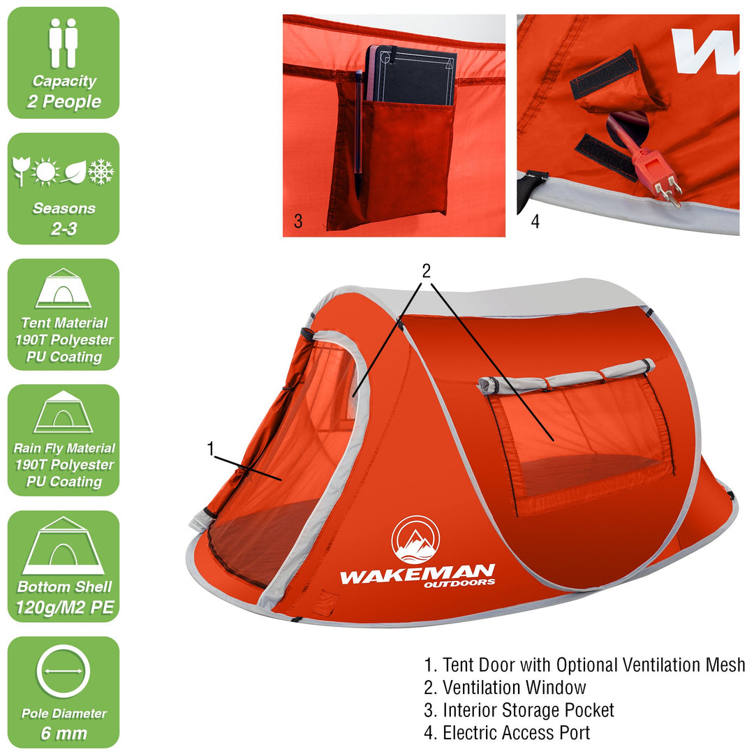 Pop-up Tent 2 Person, Water Resistant Barrel Style Tent for Camping with Rain Fly and Carry Bag, Sunchaser 2-Person Tent by Wakeman Outdoors (Red) Retail $64.99