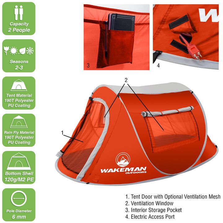 Pop-up Tent 2 Person, Water Resistant Barrel Style Tent for Camping with Rain Fly and Carry Bag, Sunchaser 2-Person Tent by Wakeman Outdoors (Red) Retail $64.99