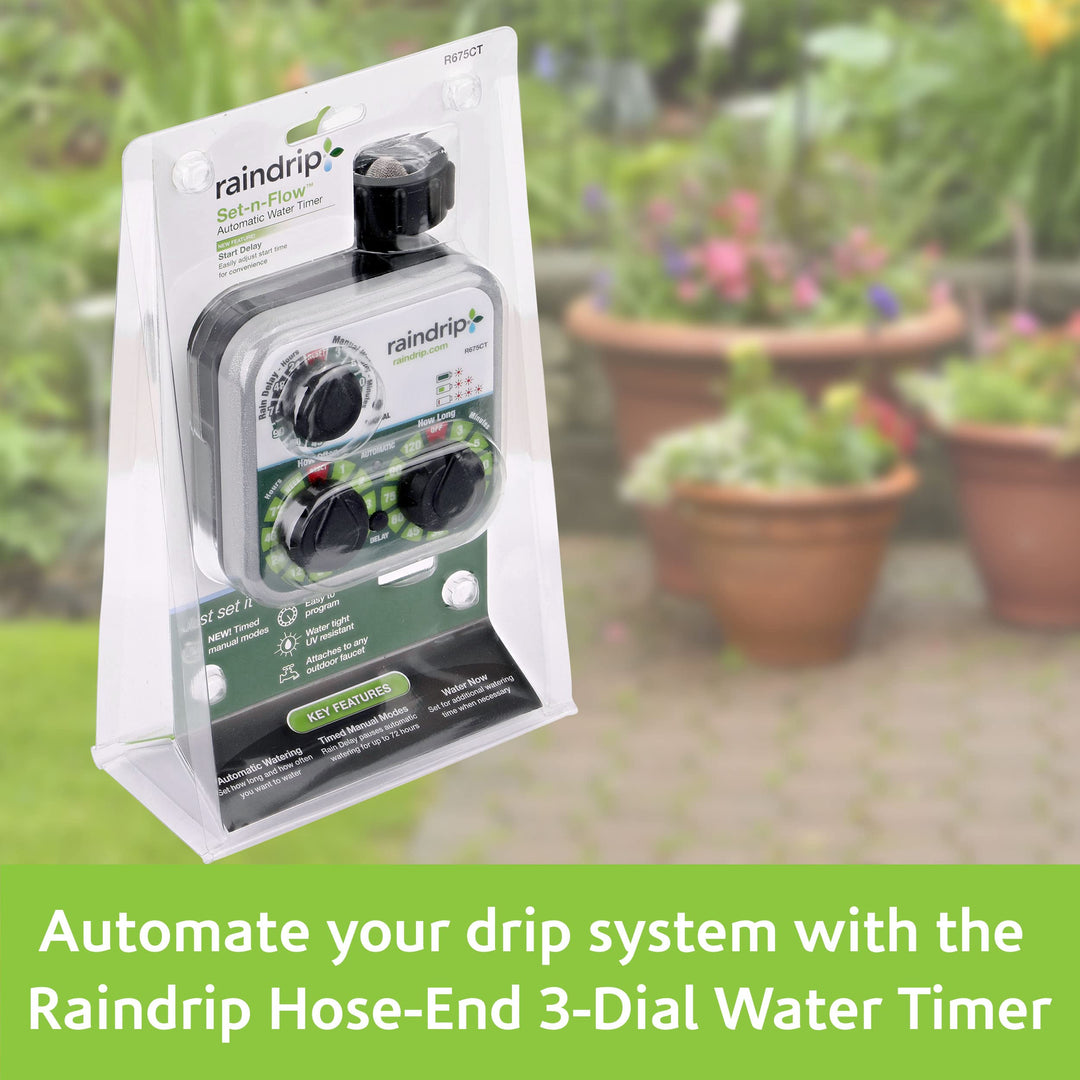 Raindrip R675CT Analog 3-Dial Water, Sprinkler Timer with Rain Delay for Drip Irrigation, Garden, Self-Watering Retail $35.99
