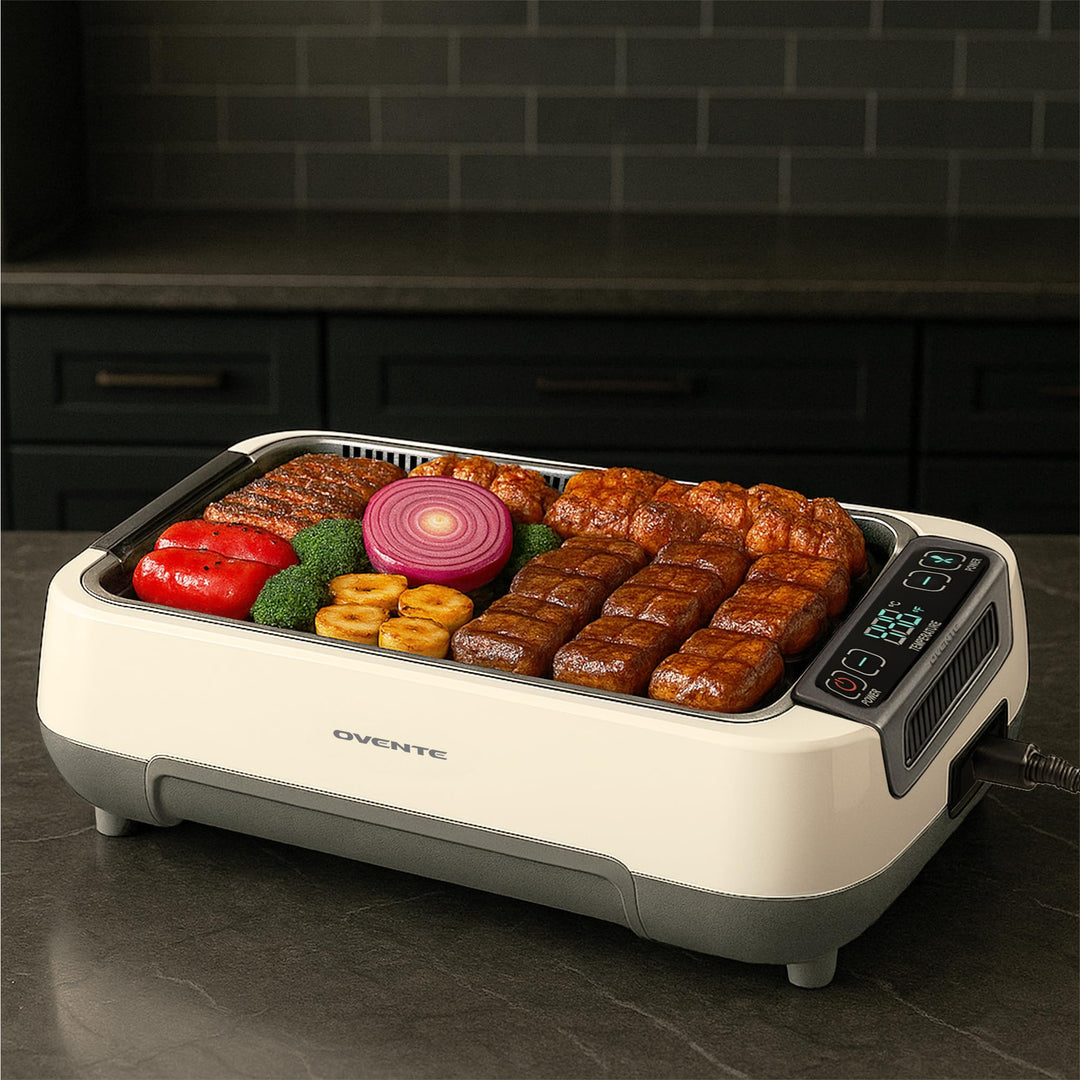OVENTE Smokeless Indoor Grill, 1500W Electric Portable Korean BBQ Grill with One-Touch Control, LED Smart Display, Tempered Glass Lid, Two Removable Non-Stick and Dishwasher Safe Plates, White SGR85W