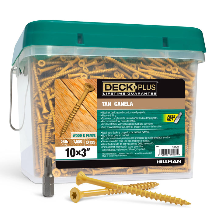 Deck Plus 3 Inch Epoxy Coated Exterior Wood and Fence Screws #10 x 3 Torx/Star Drive Included Coarse Thread, Outdoor Rust Resistant Decking Screw, Tan, 25lb Box, 1550 Pieces | 48420
