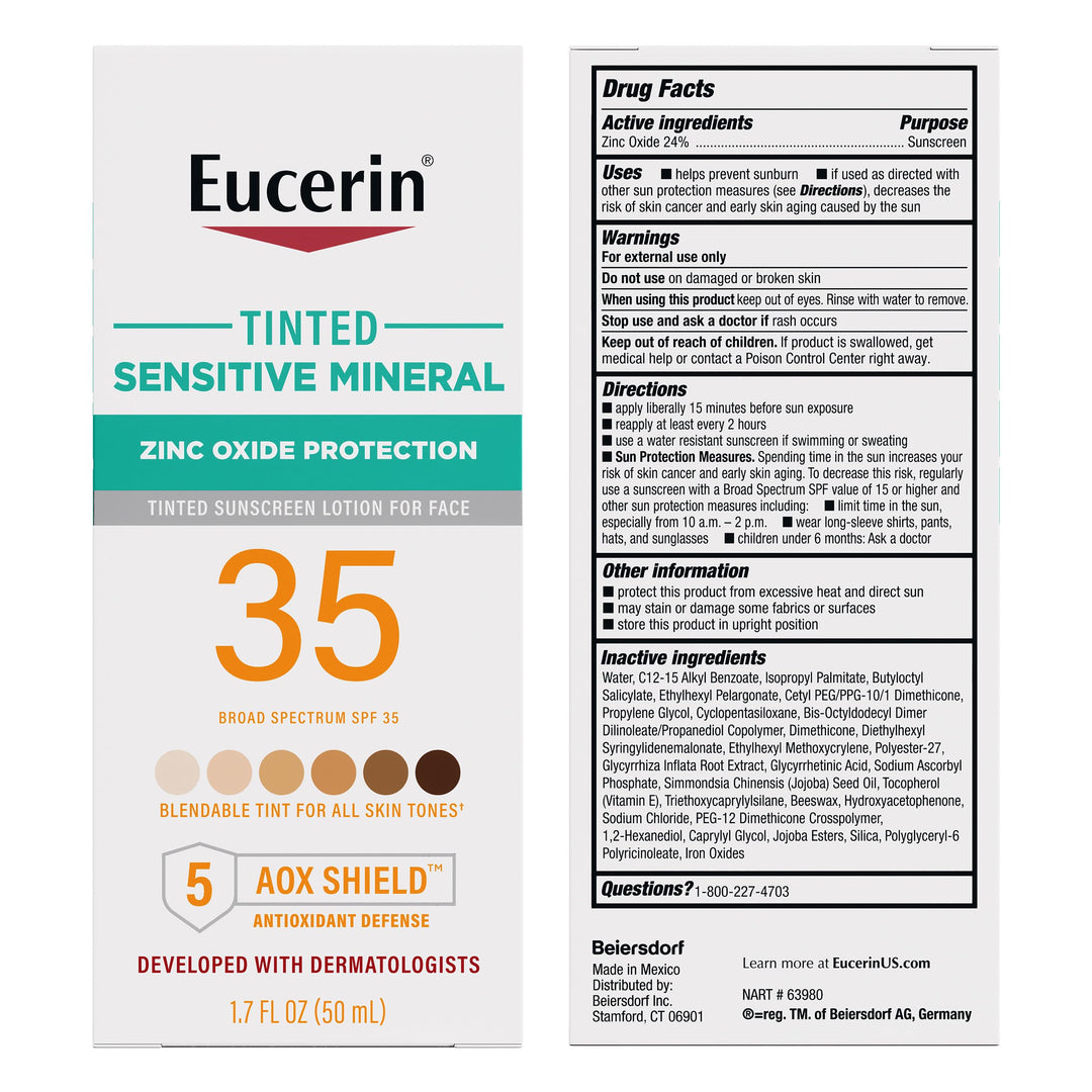 Eucerin Sun Tinted Sensitive Mineral Face Sunscreen Lotion SPF 35, Non-Comedogenic Mineral Sunscreen with Gentle Zinc Oxide Protection for Sensitive Skin, 1.7 Fl Oz Bottle