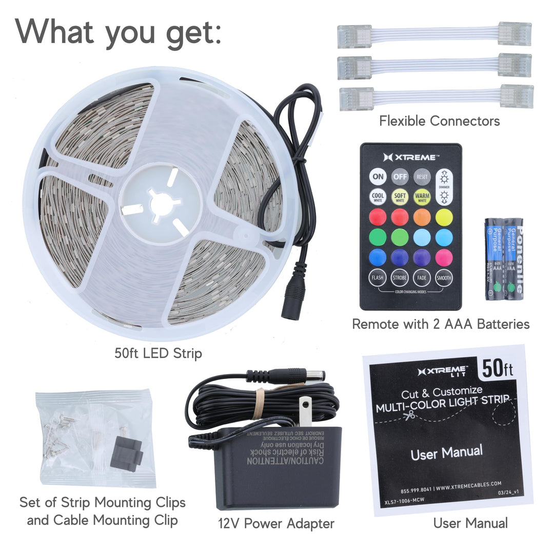 XTREME Multicolored LED Strip Lights with Remote, 50 Foot RGBW Lights Strip with Adhesive Backing, Cut & Reconnect, Dimmable, 15 Colors, 450 LED Lights, 4 Modes Including Strobe, Flash, Fade & Smooth Retail $59.99