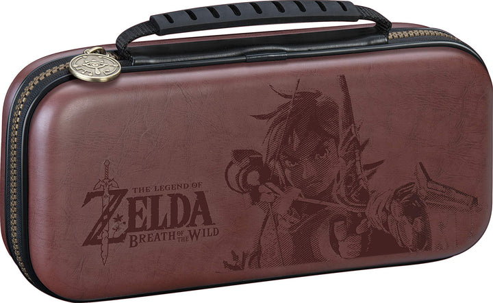 Officially Licensed Nintendo Switch Deluxe Zelda Link Travel Case – Premium Hard Case Made with Koskin Saddle Leather Embossed with Zelda Breath of The Wild Art 2 Game Cases Retail $19.99