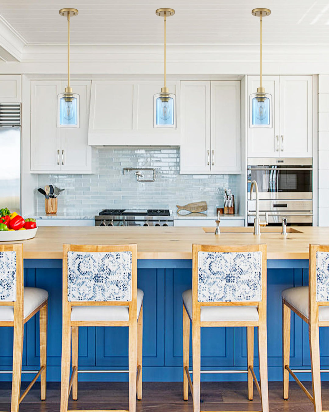 Dolaimi House 1 Light Indoor Mini Hanging Kitchen Island Pendant Light with Gold Finish,Clear Frosted Glass Chandelier Shade for Bar,Dining Room Over Sink (Blue Glass, 3 Pack) Retail $75.99