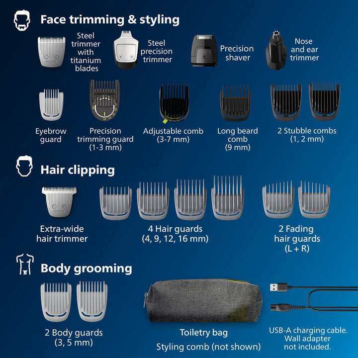 Norelco Philips All-in-One 7000 Series 23-Piece Trimmer - Electric Shaver and Clipper for Face, Beard, Head & Body, Self-Sharpening Titanium Blades, 26 Length Settings (0.5-16 mm), MG7970/49