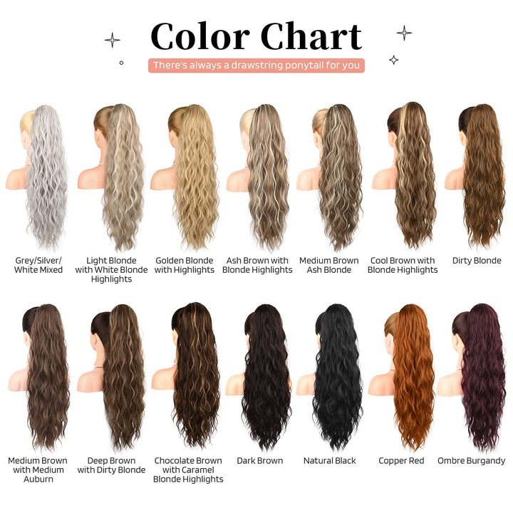 FLUFYMOOZ Ponytail Extension, 26 Inch Drawstring Ponytail Hair Extensions for Women, Long Curly Wavy Ponytail Natural Wavy Synthetic Hairpiece for Women (26 Inch Brown with Auburn)