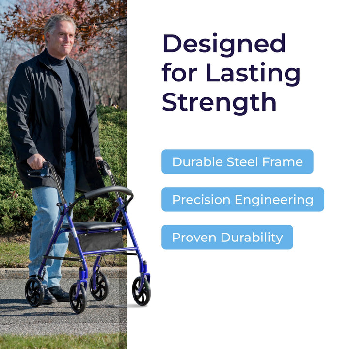 Drive Medical Rollator Walker with Seat - Stable Mobility Support - Height Adjustable - Durable Steel Frame Construction - Smooth 7.5" Wheels - Foldable - 350 Lb Limit - Blue Retail $53.99