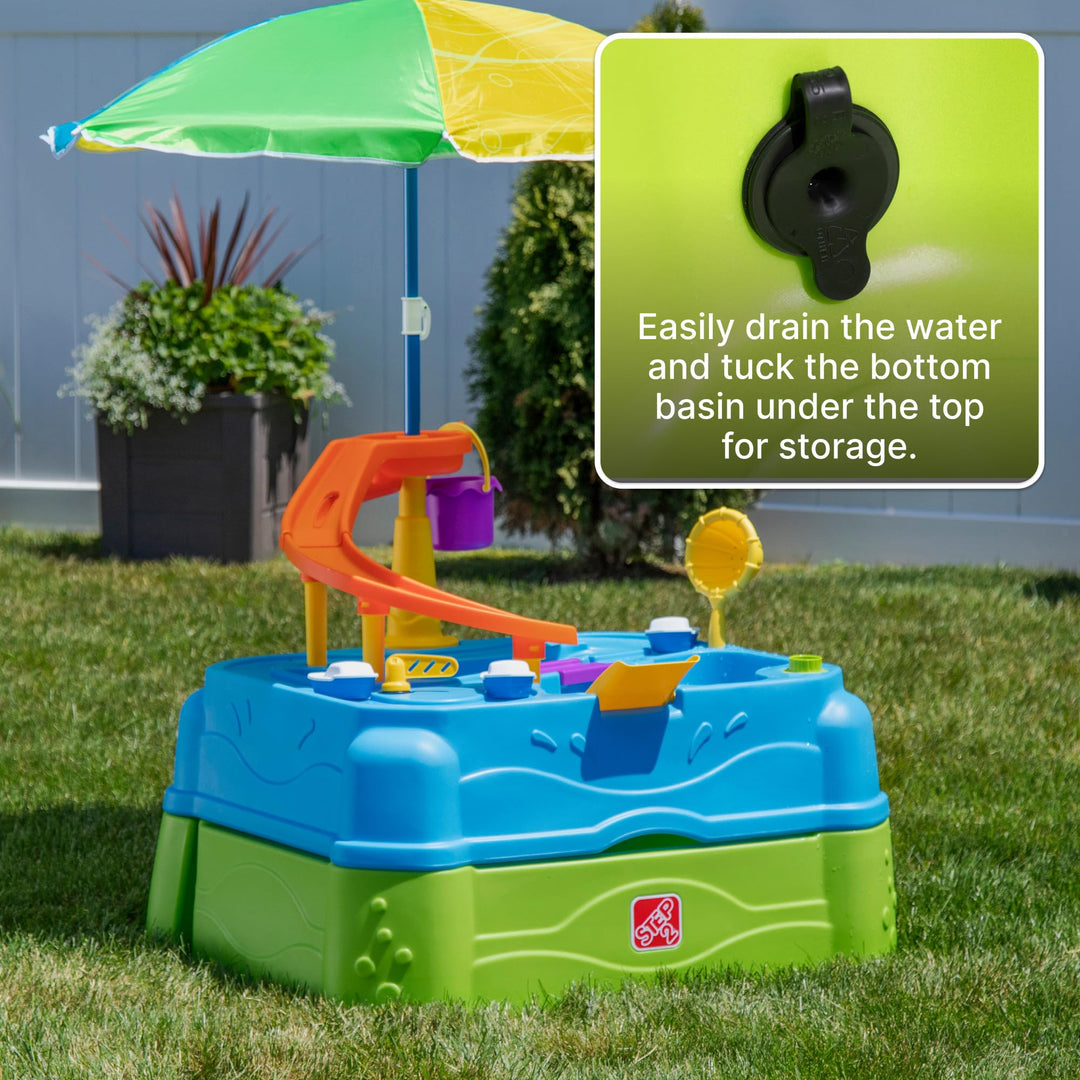 Step2 Waterpark Wonders Two Tier Water Table, Kids Water Activity Sensory Playset with Umbrella, Garden Hose Sprinkler Attachment, 11 Piece Accessories, Outdoor Summer Toy, Ages 18 Months+, Blue Retail $124.99