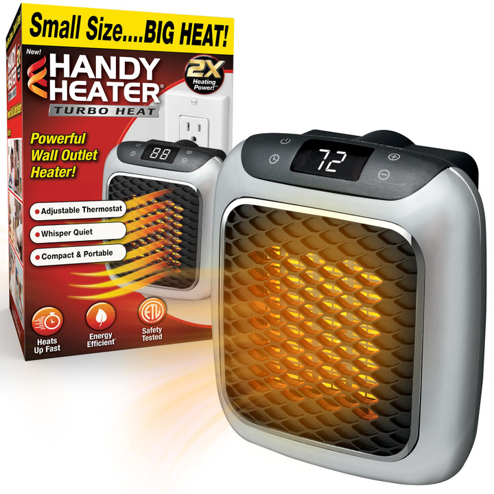 Ontel Handy Heater Turbo Wall Outlet Plug In Heater – Portable Indoor Ceramic Space Heater w/Adjustable Thermostat, 12-Hour Timer, Auto Shut Off, Quiet – Plug In Wall for Office, Bedroom, Camping Retail $29.99