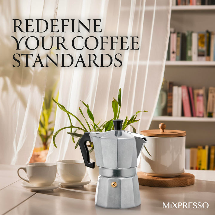 Mixpresso 3 Cup Moka Pot Cuban Coffee Maker, Moka Pot for Gas, Electric Stove Top, Classic Italian Coffee Maker, Stovetop Espresso Maker, Camping Pot Makes 3 Espresso Cup 5 Oz
