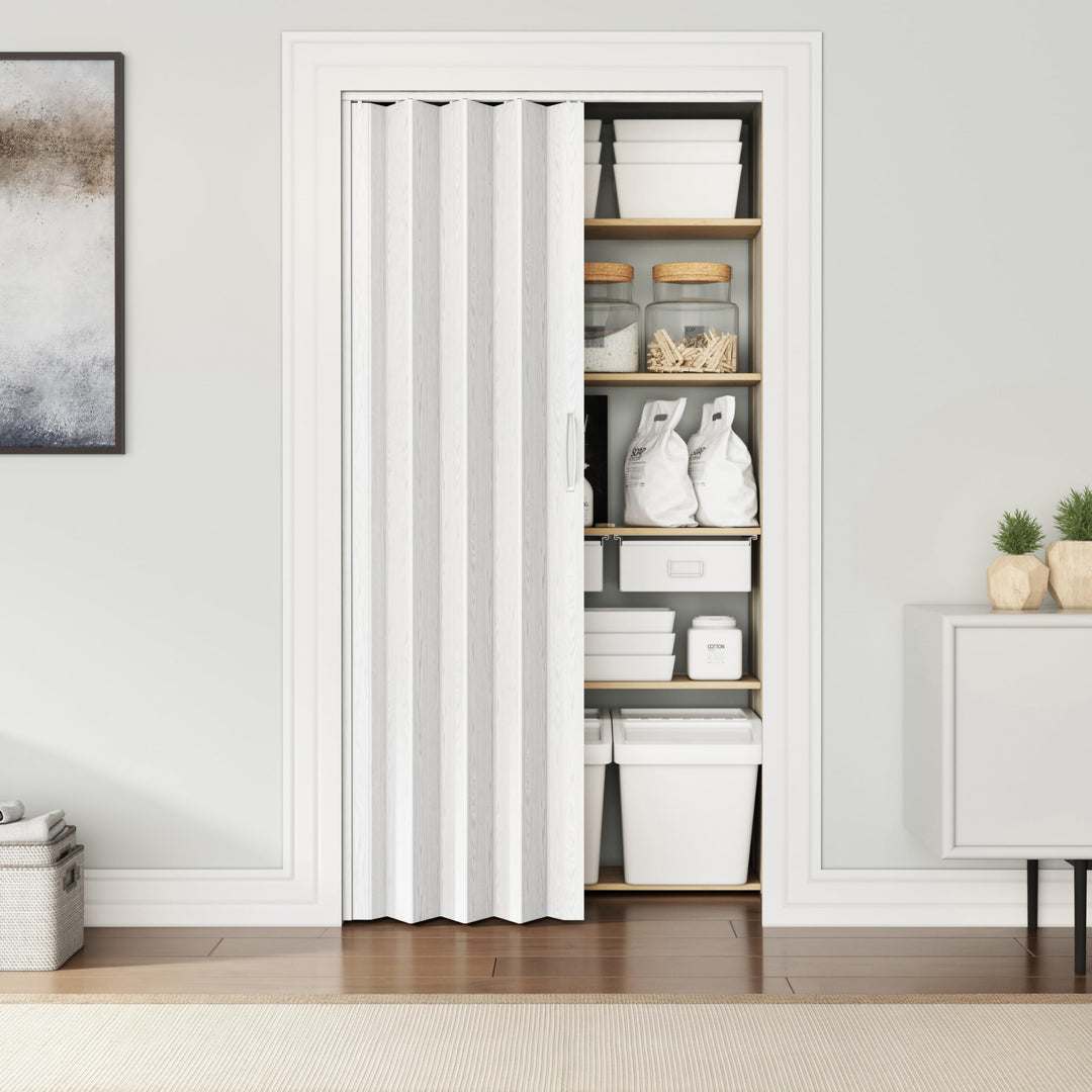 Techni Home Studio Series 48" W x 80" H PVC Foldable Accordion Door, Trimmable, Flexible Single Layer Panels, White Oak Retail $67.00