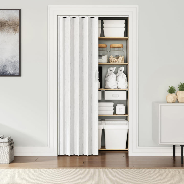 Techni Home Studio Series 48" W x 80" H PVC Foldable Accordion Door, Trimmable, Flexible Single Layer Panels, White Oak Retail $67.00