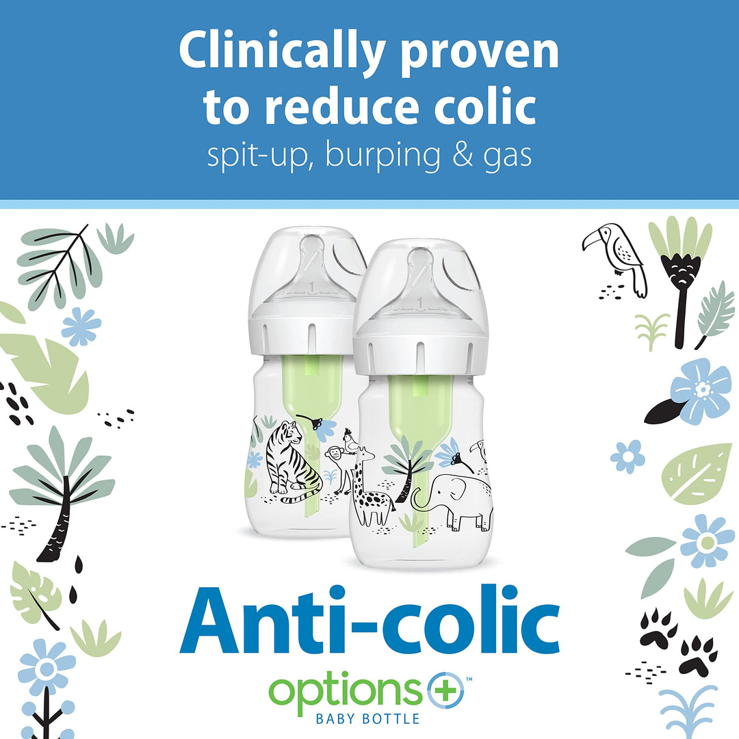 Dr. Brown's Anti-Colic Options+ Wide-Neck Baby Bottle Designer Edition Bottles, Jungle Decos, 5 oz/150 mL, Level 1 Nipple, 0m+, 2-Pack