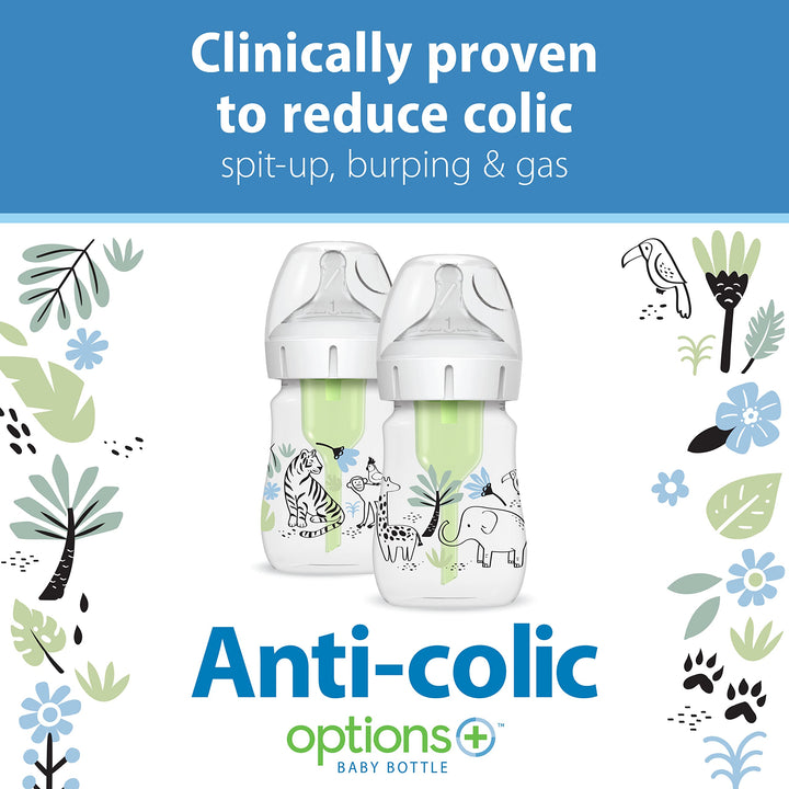 Dr. Brown's Anti-Colic Options+ Wide-Neck Baby Bottle Designer Edition Bottles, Jungle Decos, 5 oz/150 mL, Level 1 Nipple, 0m+, 2-Pack
