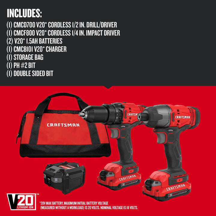 CRAFTSMAN V20 MAX Cordless Drill Driver and Impact Driver Set, Power Tool Set with 2 Batteries and Charger, LED Work Light, 2 Bits, Bag (CMCK200C2) Retail $169.00