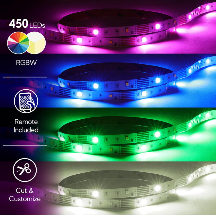 XTREME Multicolored LED Strip Lights with Remote, 50 Foot RGBW Lights Strip with Adhesive Backing, Cut & Reconnect, Dimmable, 15 Colors, 450 LED Lights, 4 Modes Including Strobe, Flash, Fade & Smooth Retail $59.99