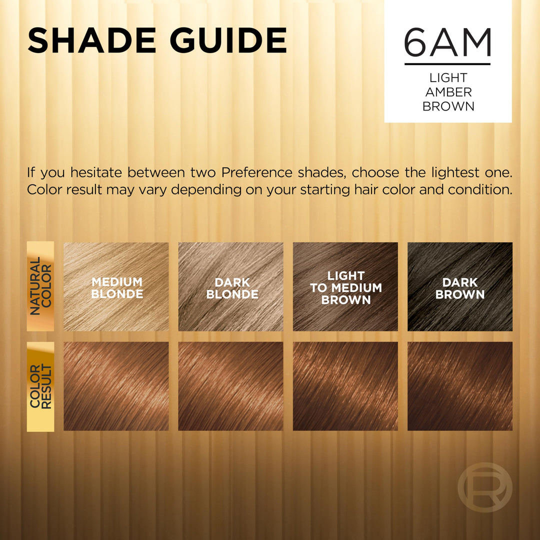 L'Oreal Paris Superior Preference Luminous Fade-Defying Permanent Hair Color, Hair Dye For Up to 9 Weeks of Radiance, Light Amber Brown 6AM, 1 Hair Dye Kit