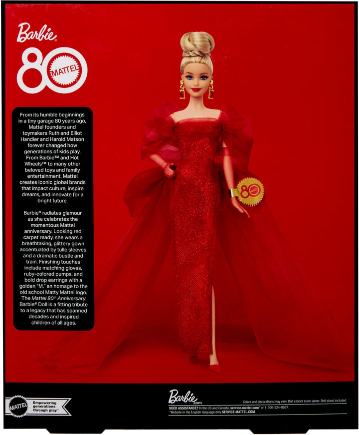 Barbie Signature Doll, Mattel 80th Anniversary Collectible in Glittery Red Tulle Gown with Drop Earrings and Sheer Gloves, Blonde Hair Retail $64.80