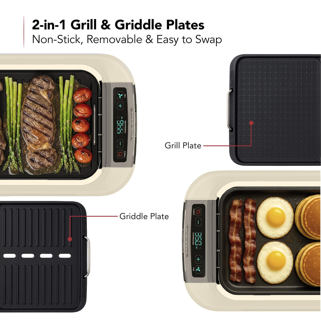 OVENTE Smokeless Indoor Grill, 1500W Electric Portable Korean BBQ Grill with One-Touch Control, LED Smart Display, Tempered Glass Lid, Two Removable Non-Stick and Dishwasher Safe Plates, White SGR85W