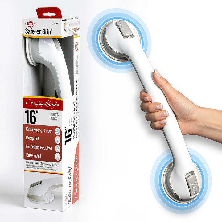 Safe-er-Grip Changing Lifestyles Suction Cup Grab Bars For Bathtubs & Showers; Safety Bathroom Assist Handle, White & Grey, 16 Inches Retail $16.67
