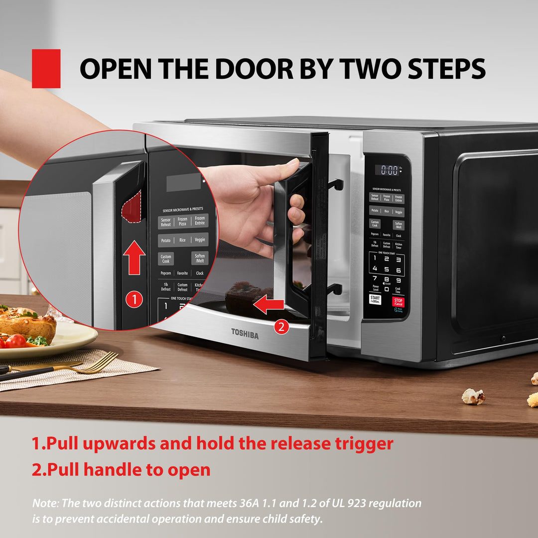 TOSHIBA EM131A5C-SS Countertop Microwave Ovens 1.2 Cu Ft with 12.4" Removable Turntable Smart Humidity Sensor, 12 Auto Menus Mute Function ECO Mode Easy Clean Interior, 1000W, Silver