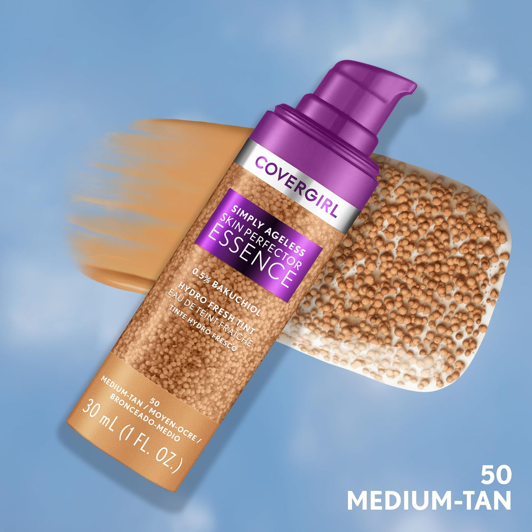 Covergirl Simply Ageless Skin Perfector Essence Foundation, 50 Medium-Tan, Tinted Skincare Makeup Hybrid, Sheer Tint, Radiant Finish, Glowy Finish, Vegan Formula, 1.0oz Retail $21.49