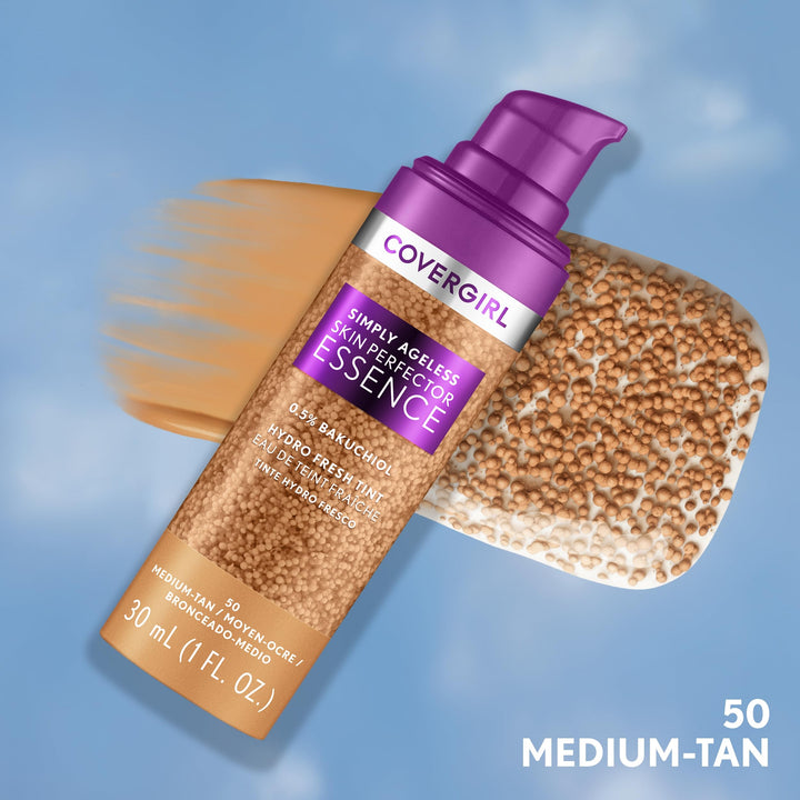 Covergirl Simply Ageless Skin Perfector Essence Foundation, 50 Medium-Tan, Tinted Skincare Makeup Hybrid, Sheer Tint, Radiant Finish, Glowy Finish, Vegan Formula, 1.0oz Retail $21.49