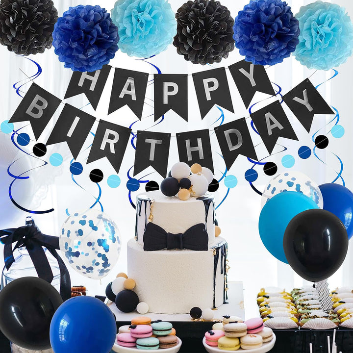YGBMDZ Black Blue Birthday Party Decorations for Men Boys with Happy Birthday Banner,Hanging Swirls,Tissue Paper Pompoms,Circle Dots Garland,Tassel Garland and Blue Birthday Balloons Retail $14.99