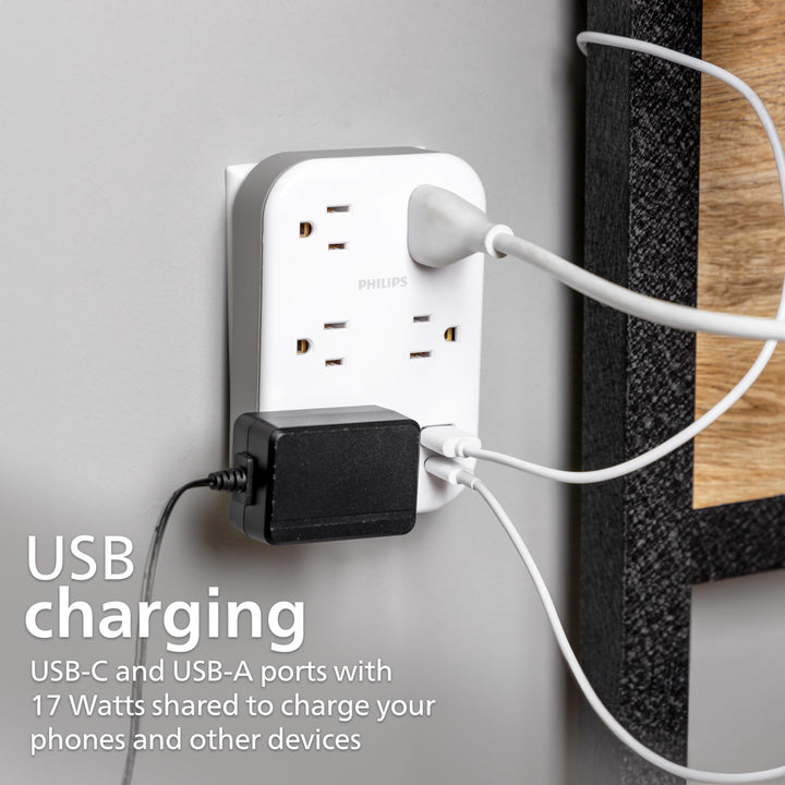 Philips EZFit 5-Outlet Extender Wall Tap with Surge Protection, Grounded Adapter, Charging Station, 3 Prong, 1 USB-A, 1 USB-C, 900J, White, SPP3513W/37 Retail $26.99