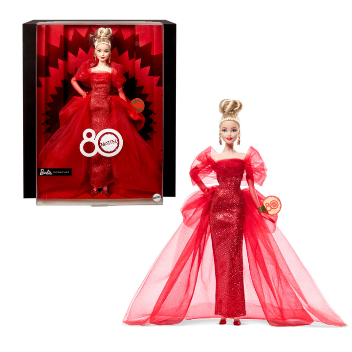 Barbie Signature Doll, Mattel 80th Anniversary Collectible in Glittery Red Tulle Gown with Drop Earrings and Sheer Gloves, Blonde Hair Retail $64.80