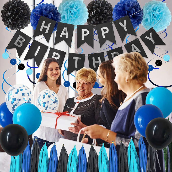 YGBMDZ Black Blue Birthday Party Decorations for Men Boys with Happy Birthday Banner,Hanging Swirls,Tissue Paper Pompoms,Circle Dots Garland,Tassel Garland and Blue Birthday Balloons Retail $14.99
