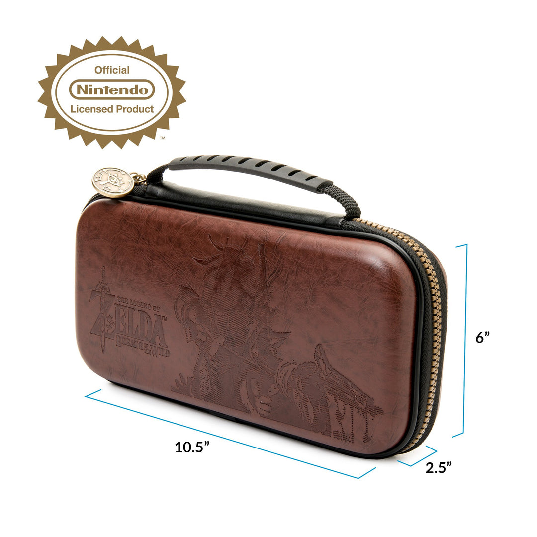 Officially Licensed Nintendo Switch Deluxe Zelda Link Travel Case – Premium Hard Case Made with Koskin Saddle Leather Embossed with Zelda Breath of The Wild Art 2 Game Cases Retail $19.99