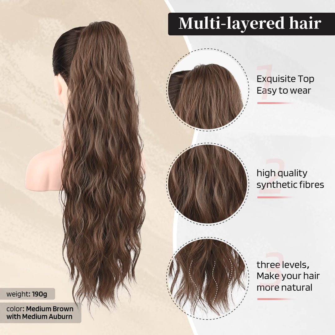 FLUFYMOOZ Ponytail Extension, 26 Inch Drawstring Ponytail Hair Extensions for Women, Long Curly Wavy Ponytail Natural Wavy Synthetic Hairpiece for Women (26 Inch Brown with Auburn)