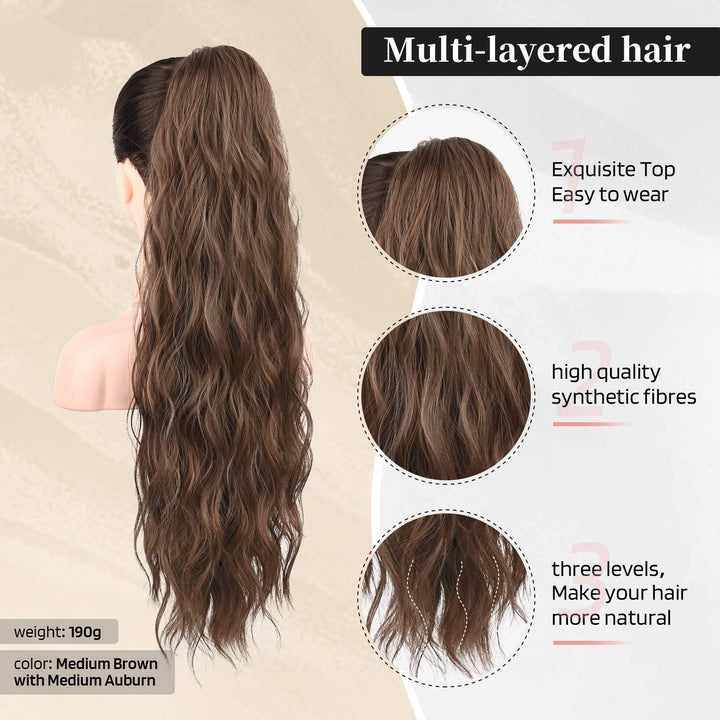 FLUFYMOOZ Ponytail Extension, 26 Inch Drawstring Ponytail Hair Extensions for Women, Long Curly Wavy Ponytail Natural Wavy Synthetic Hairpiece for Women (26 Inch Brown with Auburn)