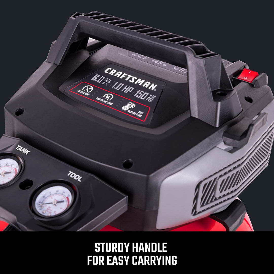 Craftsman Air Compressors 6 Gallon Portable Pancake Air Compressor,Oil Free Max 150 Psi 1.0HP 2.6 CFM@90PSI Electric Air Compressor Shop Air Compressor, CMXECXA02106410 Retail $199.97