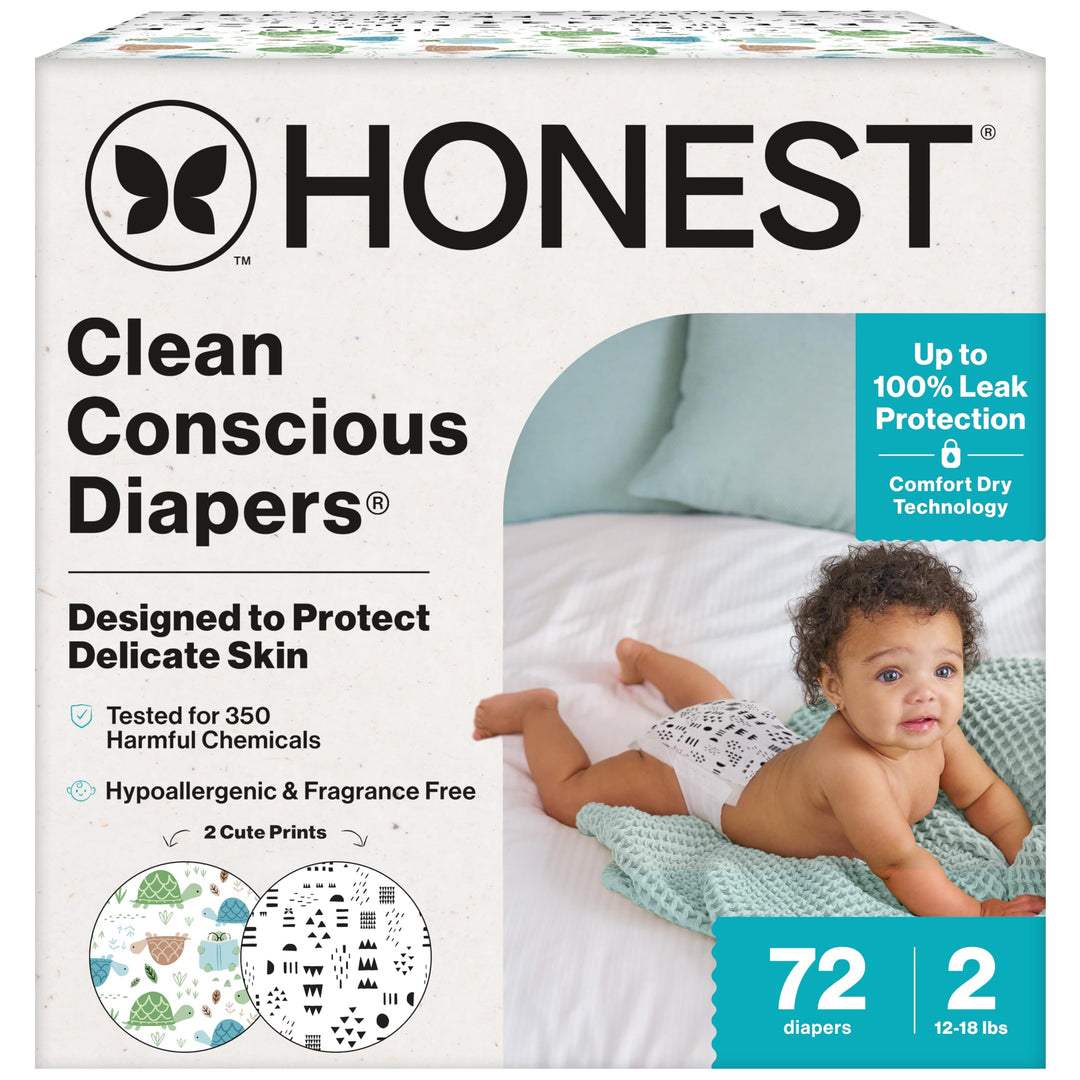 The Honest Company Comfort Dry Disposable Diapers for Sensitive Skin, Hypoallergenic, Fragrance-Free, Turtle Time + Pattern Play, Club Box Size 2 (12-18 lbs), 72 Count