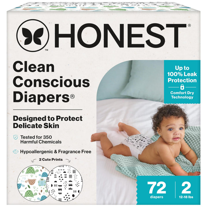 The Honest Company Comfort Dry Disposable Diapers for Sensitive Skin, Hypoallergenic, Fragrance-Free, Turtle Time + Pattern Play, Club Box Size 2 (12-18 lbs), 72 Count