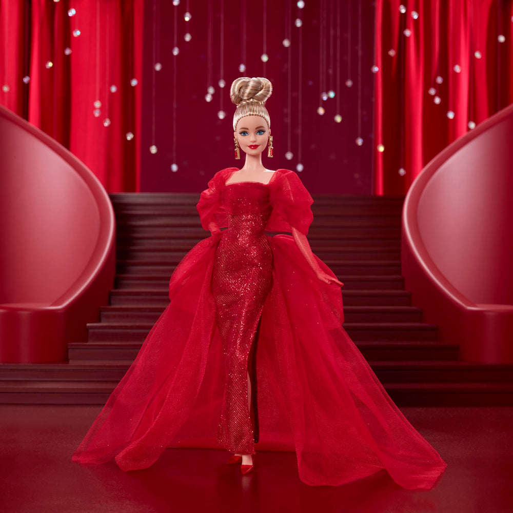 Barbie Signature Doll, Mattel 80th Anniversary Collectible in Glittery Red Tulle Gown with Drop Earrings and Sheer Gloves, Blonde Hair Retail $64.80