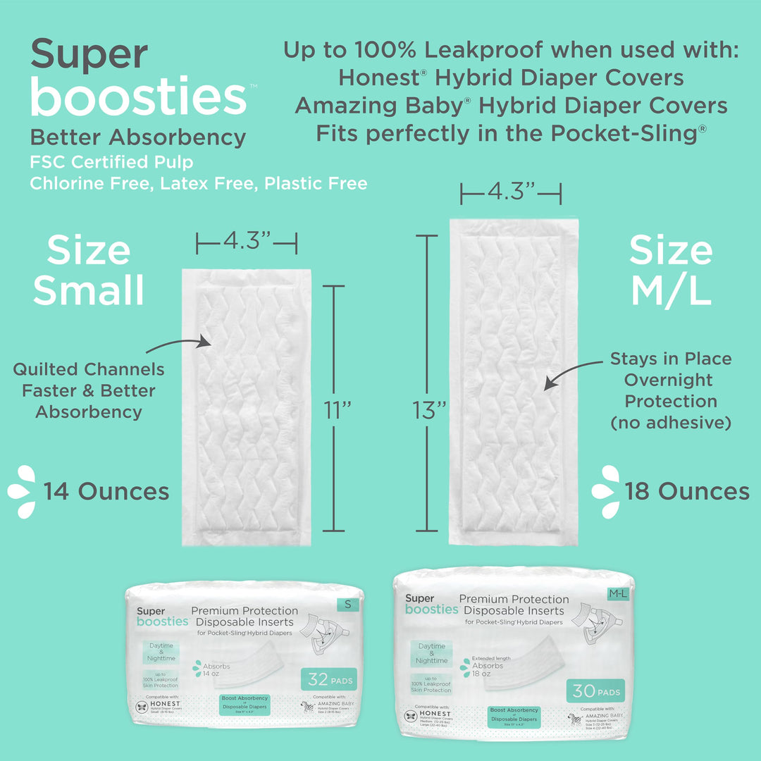 Overnight Diaper Leak Stopper, Super Boosties Disposable Inserts, Use with Pampers Sizes 4-6, Honest Hybrid Diaper Cover Sz Medium/Large, Amazing Baby Cover Sz 3/4, 4.3x13 in, 30 Count
