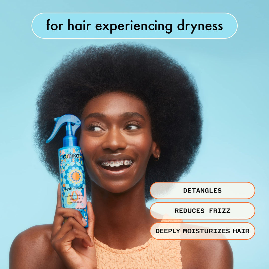 amika Hydro Rush Intense Moisture Leave-In Conditioner with Hyaluronic Acid, 200ml | for all hair types, long-lasting hydration, detangles and reduces frizz