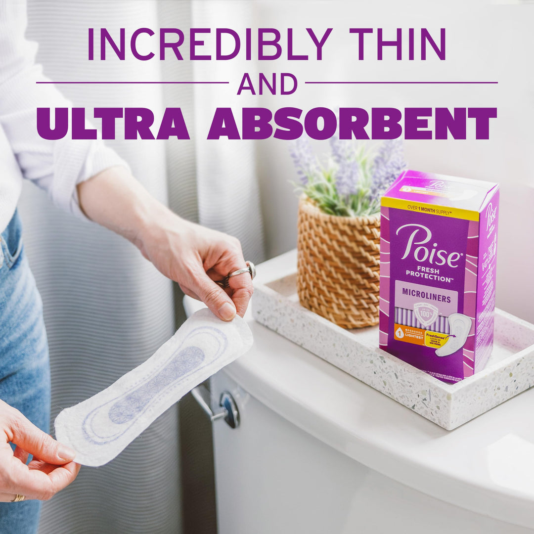 Poise Daily Microliners, Incontinence Panty Liners for Bladder Leaks, 1 Drop Lightest Absorbency, Long Length, 50 Count of Pantiliners