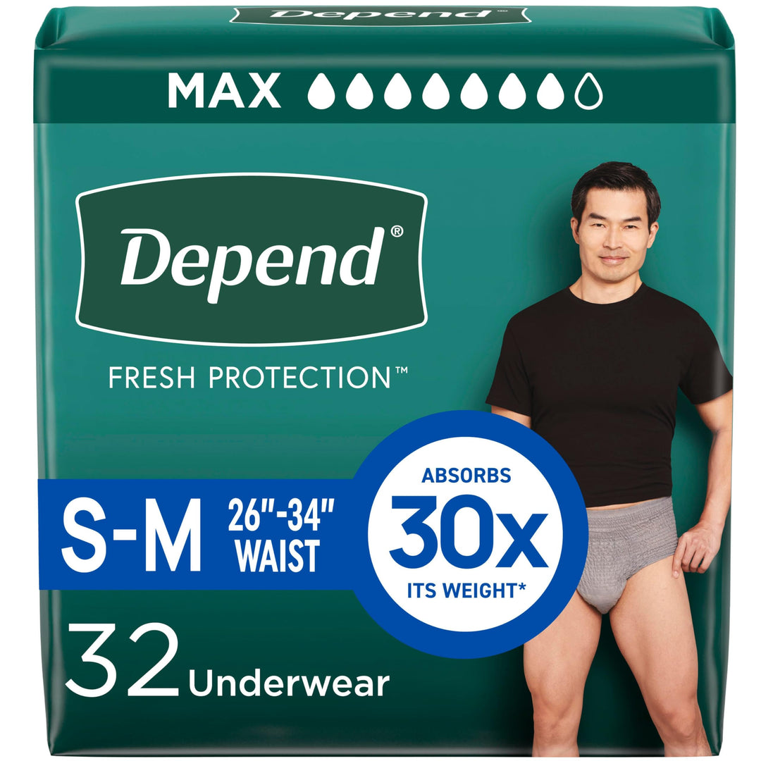 Depend Fresh Protection Adult Diapers, Incontinence Underwear for Men, Disposable, Maximum, Small/Medium, Grey, 32 Count, Packaging May Vary Retail $23.99