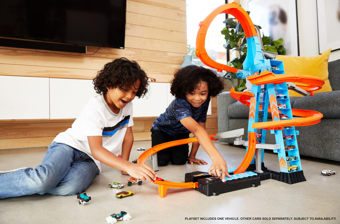 Hot Wheels Sky Crash Tower Track Set, 2.5+ ft / 83 cm High with Motorized Booster, Orange Track & 1 Hot Wheels Vehicle, Race Multiple Cars, Gift for Kids 5 to 10 Years Old & Up Retail $63.71