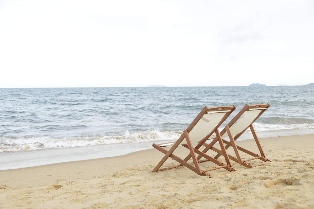 SAFAVIEH Outdoor - Loren Folding Sling Chair Set of 2 - Brown & Beige - Solid Wood Frame - Portable Bistro Design - Ideal for Patio, Deck, Poolside, Backyard, 24" W x 43" D x 25" H (PAT7040E-SET2) Retail $288.00