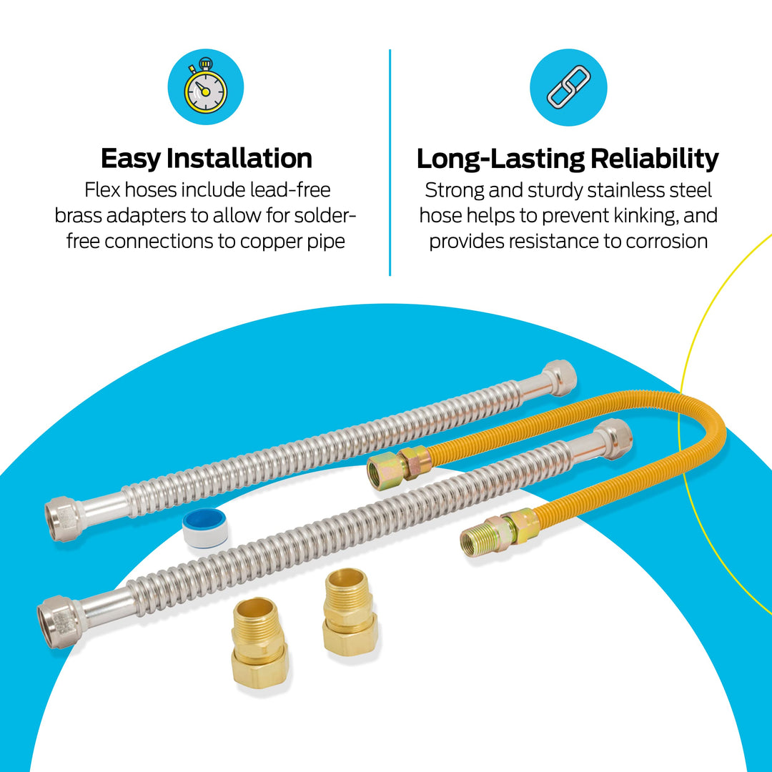 Eastman Gas Water Heater Installation Kit, 18 Inch Corrugated Stainless Steel Water Heater Hoses, 24 Inch Yellow Gas Supply Connector, 48280 Retail $72.23